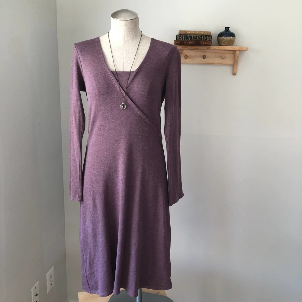 Toad & Co Horny Toad Tomboy Faux Wrap Dress womens M purple micro stripe v neck